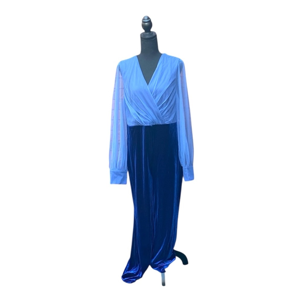 NWT Fehaute Royal Blue Mesh V Neck Long Sleeve Velvet Jumpsuit 10 - Picture 3 of 14